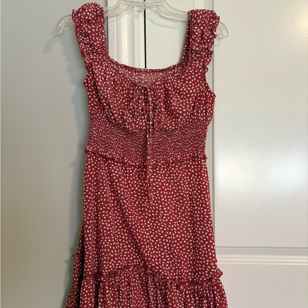 Red Ruffled Smocked Midi Dress with White Heart Dot Print
